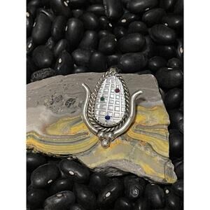 Zuni Sterling Silver Carved Mother Pearl Corn Pendant Shepards Hook Multi-stone